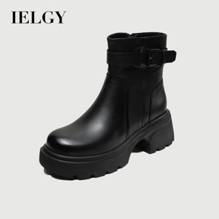 IELGY 厚底女新款時尚圓頭切爾西靴英倫風皮帶扣真皮軟皮機車靴