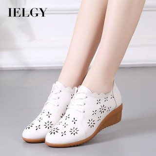 IELGY 女式新款白色鏤空坡跟繫帶軟底透氣媽媽皮鞋