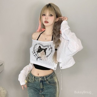 白色微透寬鬆貓咪印花鏈條設計長袖防曬罩衫+吊帶女上衣兩件套夏設計感小眾 原宿風 短袖t恤女學生女生衣服