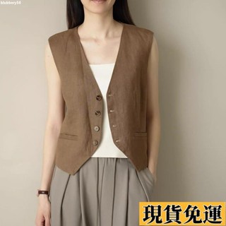 【🚚低價🚚】限時熱賣 英倫復古風亞麻坎肩馬甲女生 夏季通勤減齡疊穿 無袖背心 單排扣v領上衣 時尚休閒背心馬甲外搭