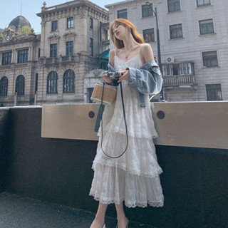 【春夏上新】沙灘洋裝 約會 長洋裝 法式白色吊帶連衣裙女新款氣質蕾絲花邊蛋糕裙海邊度假長裙子 吊帶裙 日係女裝 夏日女裝