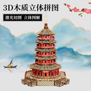 積木建築 拼圖 中國風建築diy手工木質拼裝模型木製3d立體拼圖兒童益智積木玩具