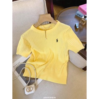 刺繡短袖 t桖女上衣 韓版復古上衣 刺繡小馬短袖t恤女 夏薄款針織衫 修身正肩衣服 上衣女裝 高階針織上衣 圓領女裝