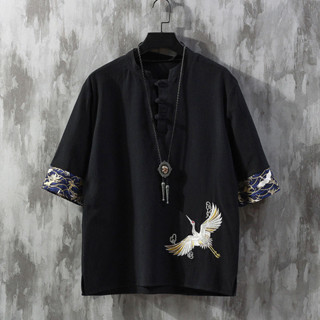 國潮T恤男夏季中國風男裝亞麻七分袖上衣服寬鬆大碼刺繡棉麻體恤 L J 4 6