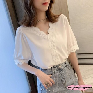🧊【夏季必備】襯衫女 設計感小眾五分袖上衣七分袖寬鬆韓版 T恤蕾絲拼接雪紡襯衫insｉ