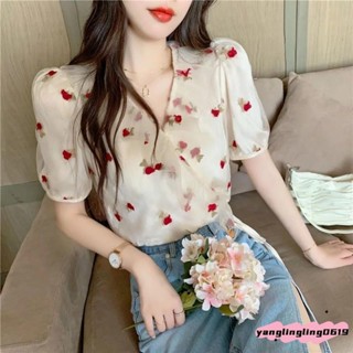 🧊【夏季必備】法式碎花襯衫女 設計感小眾短版收腰夏裝2025年新款 泡泡袖雪紡上衣ｉ