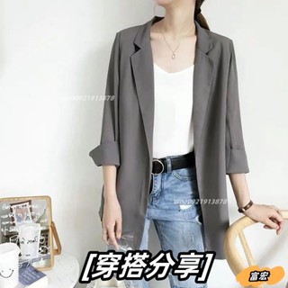 大尺碼外套 上衣女 西服 西裝外套 薄外套 韓版小西裝外套女七分袖氣質雪紡上衣2024春夏新款防曬薄款小西服woo092