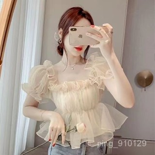 【春夏女裝】318韓國春裝 遮肚女裝 一字肩上衣夏季甜美蓬蓬露肩顯瘦泡泡袖雪紡衫 早春短版上衣 短t 短袖女 雪紡上衣