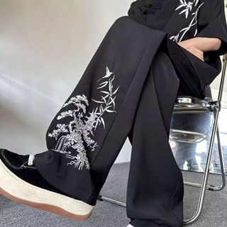 1號倉庫精品男長褲 夏季冰絲短褲 2025新中式國風加大碼休閑褲子冰絲垂感夏季新款寬松直筒闊腿長褲