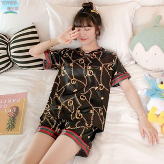 免運春夏季模擬絲睡衣女短袖兩件套裝可愛薄款冰絲綢韓版夏天家居服