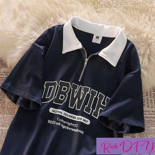 【新品上市】搭配模範生~純棉 polo衫 短袖上衣 半拉鏈polo衫 刺繡上衣 美式復古 藏藍色上衣 寬鬆短袖 顯瘦上衣