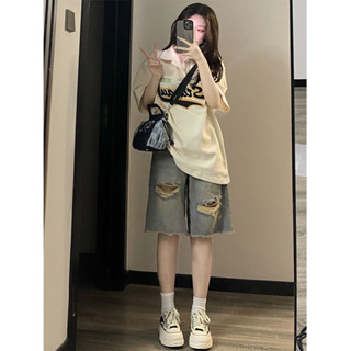 SF 複古破洞五分牛仔短褲女夏季ins新款寬鬆顯瘦高街設計感闊腿中褲