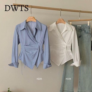 [DWTS🌼]設計不規則收腰顯瘦條紋襯衫新款氣質翻領系帶小眾長袖上衣襯衣女女裝 顯瘦上衣女裝 衣服 外套