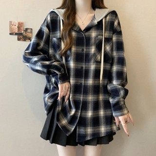 🔥臺灣出貨🚚大碼女裝『40-100㎏可穿』M-4XL實拍大碼女裝秋新款連帽拚接格子襯衫女寬鬆百搭休閒長袖連帽外套