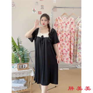 【M-5XL大尺碼】大尺碼女裝 大碼睡裙 洋裝 居家服 睡衣 大碼睡衣 女裝 夏季大碼胖MM200斤冰絲螺紋純色方領蝴蝶