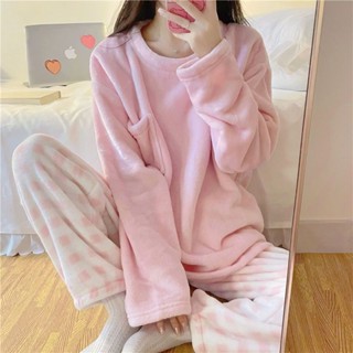 簡單美 韓國ins甜美珊瑚絨睡衣 女秋冬格子加絨加厚法蘭絨外穿家居服套裝 睡衣套裝
