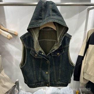 【春夏女裝】326牛仔背心 牛仔外套 夏季小外套 無袖坎肩連帽牛仔外套女馬夾小個子短款馬甲夾克上衣外搭 韓係女裝