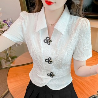 (臺灣出貨)SY韓版短袖T恤女夏季新款別緻漂亮小衫盤扣法式泡泡袖短款上衣女時尚簡約打底衫夏天上衣休閒穿搭百搭打底衫