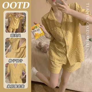 QQ👗2025年新款睡衣套裝少女春夏季黃色格子短袖上衣短褲家居服可外穿