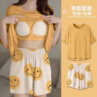 寶藏大店鋪 睡衣套裝 （帶胸墊）💕 ins風睡衣女夏季薄款短袖大碼寬松甜美新款帶胸墊套裝夏天家居服 居家服套裝 家居服