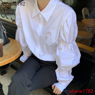 【熱賣優質品】韓國chic秋季小眾鬆緊設計感減齡泡泡袖翻領單排扣長袖襯衫女上衣🌈臺灣出貨🚚工廠直銷🏭