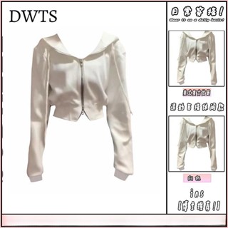 臺灣出貨[DWTS]2025早秋季短款雙拉鏈韓版休閑甜美慵懶風外套連帽衛衣女長袖上衣