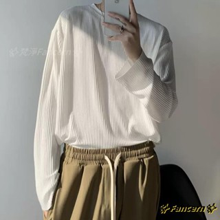 ✨Fancern✨ 臺灣出貨 春秋輕熟風男裝高階冰絲t恤男長袖百搭oversize褶皺肌理感上衣ins