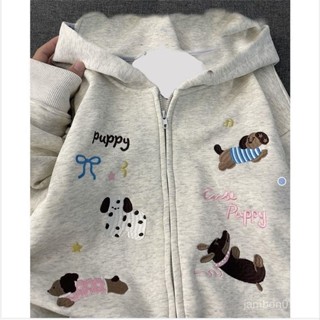 YJ宜居優品💫新春開學季_【小狗印花】甜美潮酷開衫連帽衛衣女INS加絨韓版外套 春秋薄款外套 學生外套 學院風