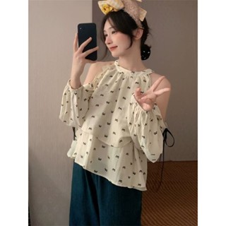 🌟【限時下殺】🌟法式甜美蝴蝶結印花露肩長袖襯衫女春季新款設計感寬鬆小心機上衣🌈臺灣出貨🚚工廠直銷🏭