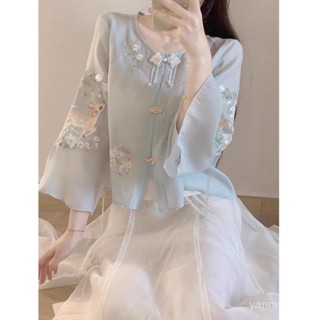 新品 套裝女 套裝夏天 夏季穿搭女2025新款高階感盤扣中國風防曬上衣半身裙中式兩件套裝 F7CJ