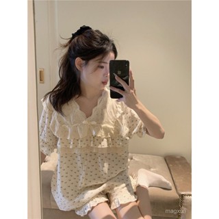日係甜美蕾絲花邊嬰兒棉紗睡衣女夏季短袖波點純棉麻家居服套裝夏