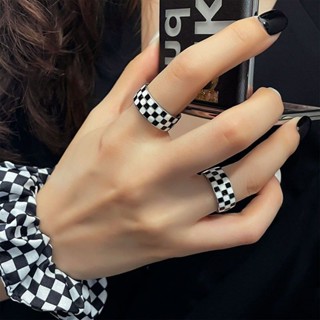 精品戒指 男生戒指 戒指💕韓版S925銀黑白棋盤戒指女復古時尚個性網格開口指環嘻哈食指戒潮