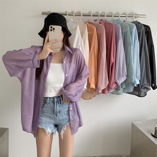 Luzi🎀韓版紫色鹽係襯衫外套女薄款百搭雪紡防曬衣服僊女超僊洋氣寬鬆上衣顯瘦上衣長袖襯衫長袖上衣長袖t恤女裝