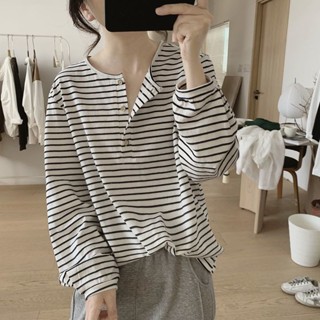 Luzi🍀M-4XL大尺碼長袖條紋t恤上衣女春秋季新款寬松顯瘦簡約套頭打底衫