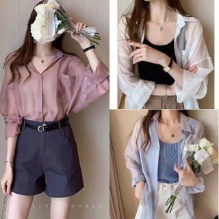 Luzi🎀大尺碼薄襯衫外套襯衫上衣白襯衫女夏季新款設計感小眾上衣寬鬆長袖防曬襯衣薄款空調衫外套襯衫外套外套薄透襯衫