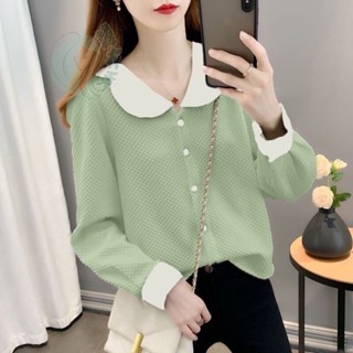Luzi🍀娃娃領長袖上衣|雪紡襯衫|早秋新款韓版襯衫|ins風減齡百搭洋氣女裝上衣|紐扣長袖上衣|小清新風上衣