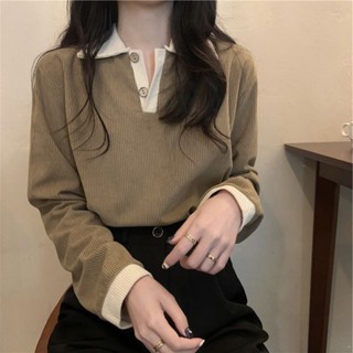 Luzi🎀韓版polo領長袖T恤女清新學院風紐扣薄款小眾別緻上衣長袖上素T大學T內搭上衣女