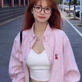 韓版新款粉色可愛條紋長袖襯衫女春秋寬鬆chic法式設計感小眾襯衫外套學院風上衣防/曬小外套優質