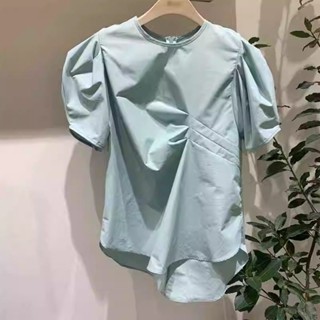 【雲裳集精品女裝】韓國東大門2024夏季新款時尚洋氣純色泡泡袖圓領褶皺上衣襯衫女潮