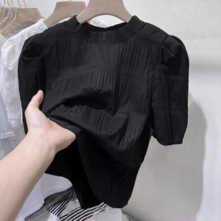 【雲裳集精品女裝】歐貨法式泡泡袖雪紡衫女短袖2025夏新款上衣黑色洋氣卡腰漂亮小衫