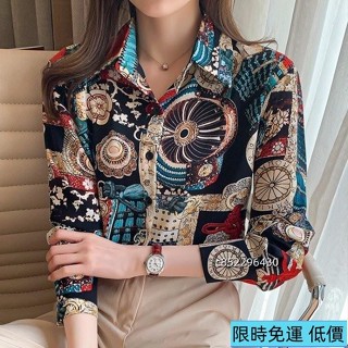 免運💖春季複古民族風百搭設計感印花雪紡襯衫女長袖上衣洋氣襯衣秋