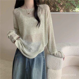 【免運】今年流行💖純慾風微透圓領防曬衫女薄款夏季新款寬鬆純色長袖t恤女上衣女生上衣 LQQA