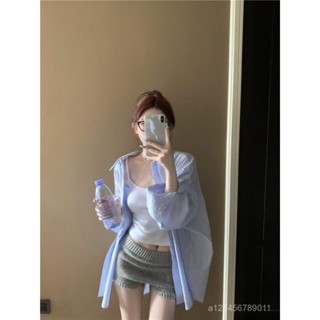 【coco~】韓係藍色條紋長袖襯衫女夏季設計感慵懶風寬鬆中長款防曬外套上衣