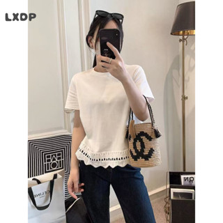 LXDP蕾絲鈎花邊白色正肩短袖T恤女 設計感夏季2025新款獨特絶美小上衣 純棉大碼鏤空蕾絲拼接法式寬鬆顯瘦洋氣上衣