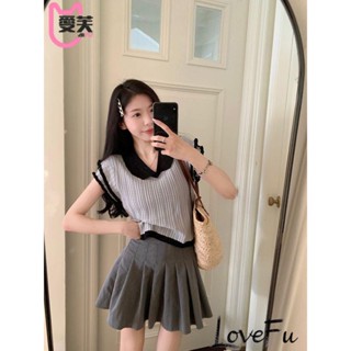 【春夏套裝熱銷】翻領短袖女夏新款顯瘦針織衫上衣百搭設計感百褶半身短裙兩件套潮Lxip~