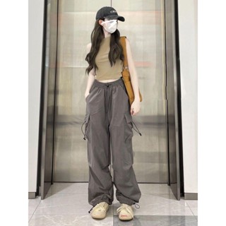 美式復古工裝褲女2025新款高腰寬松顯瘦百搭個性休閑闊腿運動長褲