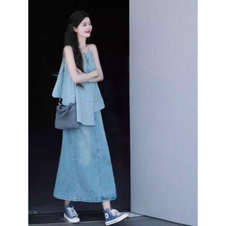 【SARA】夏季慵懶鬆弛感休閒複古孔雀藍格子抽繩背心上衣牛仔半身裙套裝女