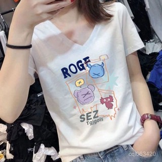 臺灣出貨 短袖上衣女 女裝短袖 純棉t恤 夏季女裝 大尺碼女裝 女生衣服 短t恤 V領短袖 寬鬆t恤 t恤 短t 短t恤