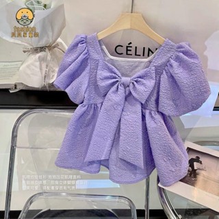 熱賣款 女童襯衫 夏裝新款時尚蝴蝶結鏤空方領小衫 兒童荷葉邊短袖上衣