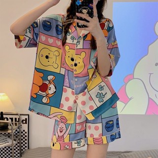 (典藏私櫥)夏季睡衣套裝 韓系ins卡通睡衣女 維尼熊睡衣 兩件式薄款睡衣 休閒寬鬆 短褲 女生居家服 可外穿 睡褲